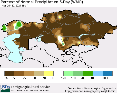 Kazakhstan Percent of Normal Precipitation 5-Day (WMO) Thematic Map For 3/26/2023 - 3/31/2023