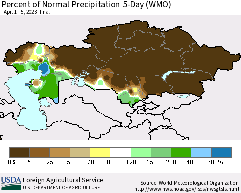 Kazakhstan Percent of Normal Precipitation 5-Day (WMO) Thematic Map For 4/1/2023 - 4/5/2023
