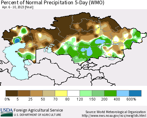 Kazakhstan Percent of Normal Precipitation 5-Day (WMO) Thematic Map For 4/6/2023 - 4/10/2023