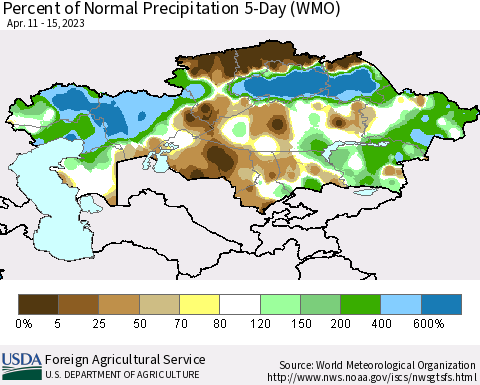 Kazakhstan Percent of Normal Precipitation 5-Day (WMO) Thematic Map For 4/11/2023 - 4/15/2023