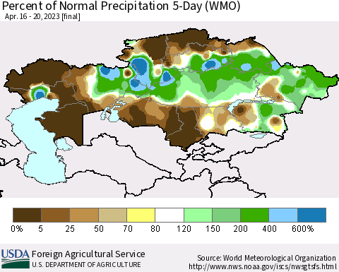 Kazakhstan Percent of Normal Precipitation 5-Day (WMO) Thematic Map For 4/16/2023 - 4/20/2023