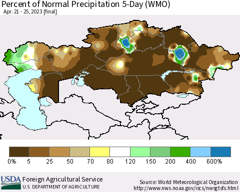 Kazakhstan Percent of Normal Precipitation 5-Day (WMO) Thematic Map For 4/21/2023 - 4/25/2023