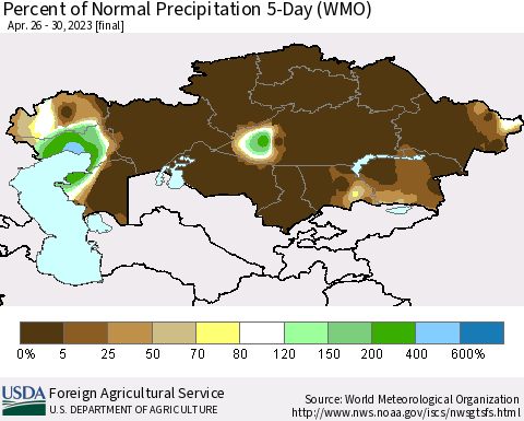 Kazakhstan Percent of Normal Precipitation 5-Day (WMO) Thematic Map For 4/26/2023 - 4/30/2023