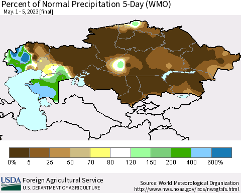 Kazakhstan Percent of Normal Precipitation 5-Day (WMO) Thematic Map For 5/1/2023 - 5/5/2023
