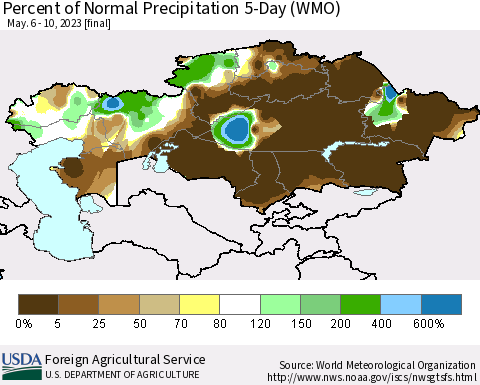 Kazakhstan Percent of Normal Precipitation 5-Day (WMO) Thematic Map For 5/6/2023 - 5/10/2023