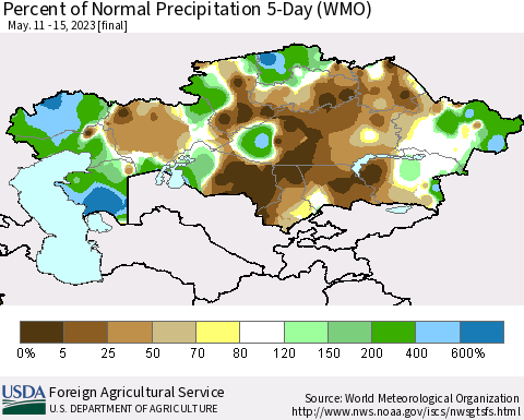 Kazakhstan Percent of Normal Precipitation 5-Day (WMO) Thematic Map For 5/11/2023 - 5/15/2023