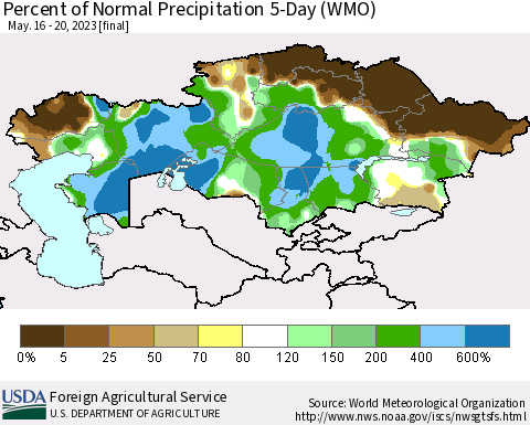 Kazakhstan Percent of Normal Precipitation 5-Day (WMO) Thematic Map For 5/16/2023 - 5/20/2023
