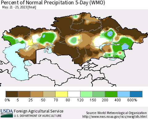 Kazakhstan Percent of Normal Precipitation 5-Day (WMO) Thematic Map For 5/21/2023 - 5/25/2023