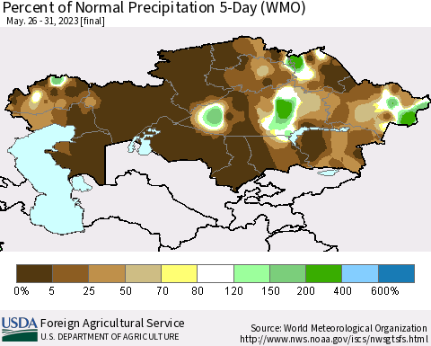 Kazakhstan Percent of Normal Precipitation 5-Day (WMO) Thematic Map For 5/26/2023 - 5/31/2023
