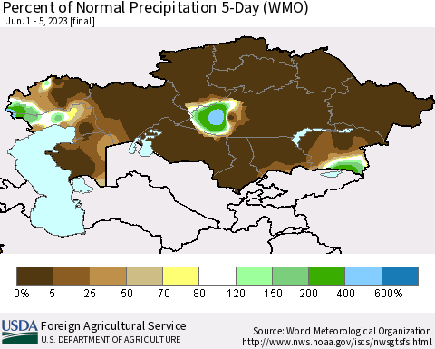 Kazakhstan Percent of Normal Precipitation 5-Day (WMO) Thematic Map For 6/1/2023 - 6/5/2023