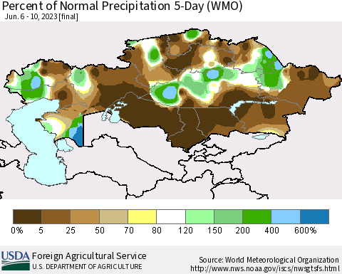 Kazakhstan Percent of Normal Precipitation 5-Day (WMO) Thematic Map For 6/6/2023 - 6/10/2023