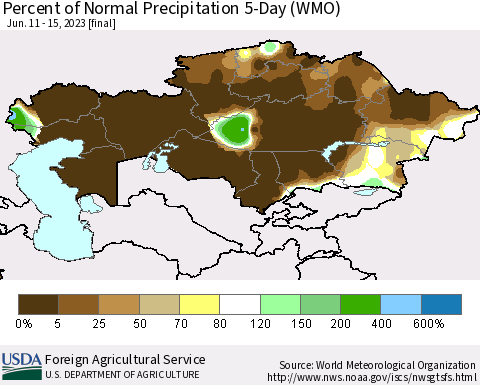 Kazakhstan Percent of Normal Precipitation 5-Day (WMO) Thematic Map For 6/11/2023 - 6/15/2023