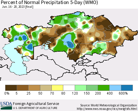 Kazakhstan Percent of Normal Precipitation 5-Day (WMO) Thematic Map For 6/16/2023 - 6/20/2023