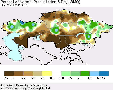Kazakhstan Percent of Normal Precipitation 5-Day (WMO) Thematic Map For 6/21/2023 - 6/25/2023