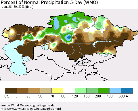 Kazakhstan Percent of Normal Precipitation 5-Day (WMO) Thematic Map For 6/26/2023 - 6/30/2023