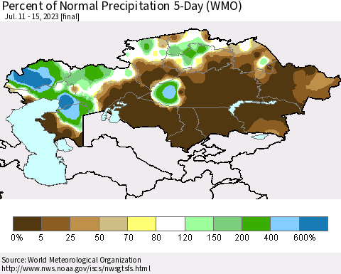 Kazakhstan Percent of Normal Precipitation 5-Day (WMO) Thematic Map For 7/11/2023 - 7/15/2023