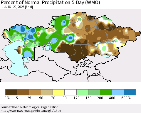 Kazakhstan Percent of Normal Precipitation 5-Day (WMO) Thematic Map For 7/16/2023 - 7/20/2023