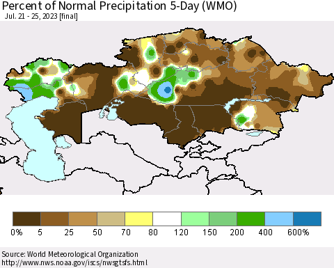 Kazakhstan Percent of Normal Precipitation 5-Day (WMO) Thematic Map For 7/21/2023 - 7/25/2023