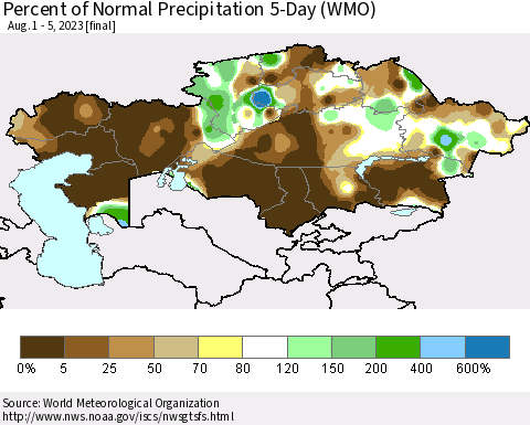 Kazakhstan Percent of Normal Precipitation 5-Day (WMO) Thematic Map For 8/1/2023 - 8/5/2023