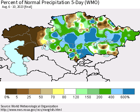 Kazakhstan Percent of Normal Precipitation 5-Day (WMO) Thematic Map For 8/6/2023 - 8/10/2023