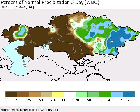 Kazakhstan Percent of Normal Precipitation 5-Day (WMO) Thematic Map For 8/11/2023 - 8/15/2023