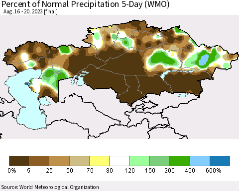 Kazakhstan Percent of Normal Precipitation 5-Day (WMO) Thematic Map For 8/16/2023 - 8/20/2023