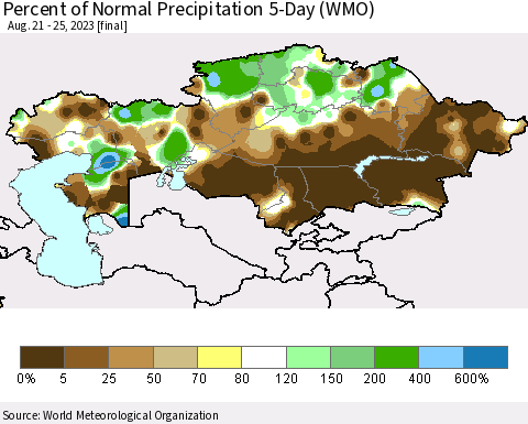Kazakhstan Percent of Normal Precipitation 5-Day (WMO) Thematic Map For 8/21/2023 - 8/25/2023