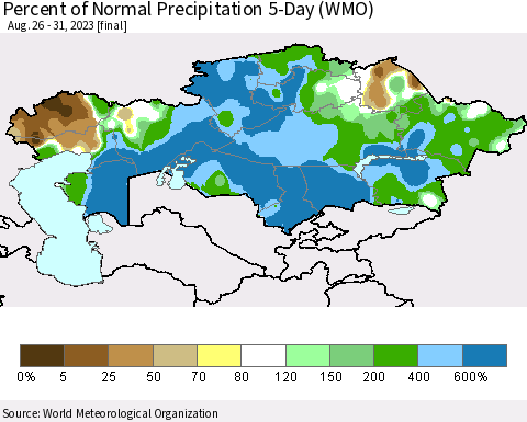 Kazakhstan Percent of Normal Precipitation 5-Day (WMO) Thematic Map For 8/26/2023 - 8/31/2023