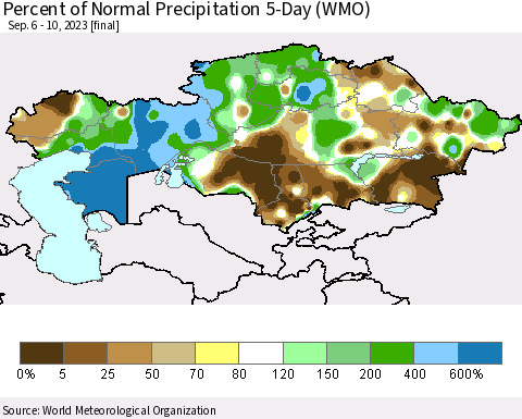 Kazakhstan Percent of Normal Precipitation 5-Day (WMO) Thematic Map For 9/6/2023 - 9/10/2023
