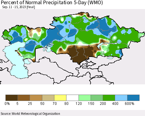 Kazakhstan Percent of Normal Precipitation 5-Day (WMO) Thematic Map For 9/11/2023 - 9/15/2023