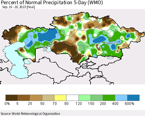 Kazakhstan Percent of Normal Precipitation 5-Day (WMO) Thematic Map For 9/16/2023 - 9/20/2023