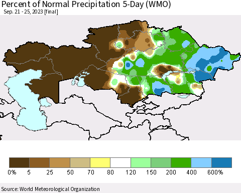 Kazakhstan Percent of Normal Precipitation 5-Day (WMO) Thematic Map For 9/21/2023 - 9/25/2023
