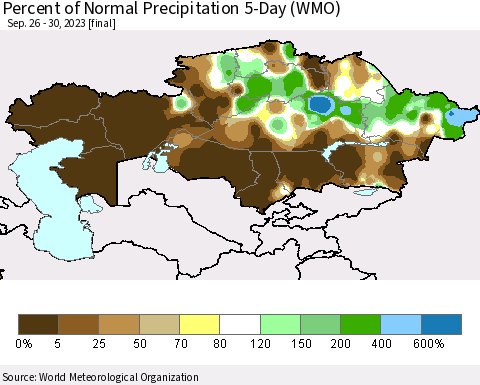 Kazakhstan Percent of Normal Precipitation 5-Day (WMO) Thematic Map For 9/26/2023 - 9/30/2023