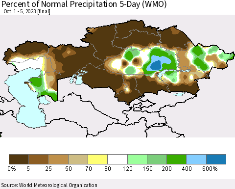 Kazakhstan Percent of Normal Precipitation 5-Day (WMO) Thematic Map For 10/1/2023 - 10/5/2023