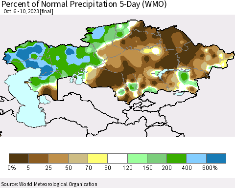 Kazakhstan Percent of Normal Precipitation 5-Day (WMO) Thematic Map For 10/6/2023 - 10/10/2023