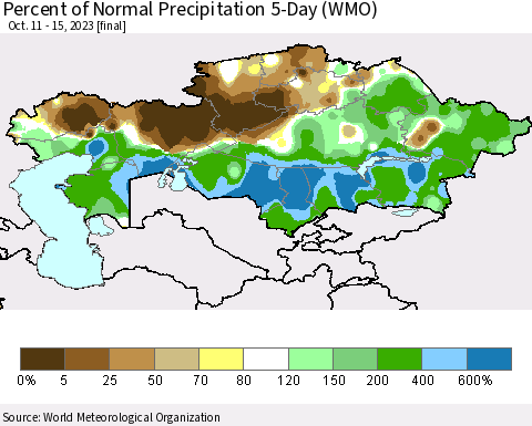 Kazakhstan Percent of Normal Precipitation 5-Day (WMO) Thematic Map For 10/11/2023 - 10/15/2023