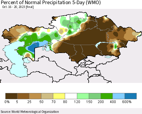 Kazakhstan Percent of Normal Precipitation 5-Day (WMO) Thematic Map For 10/16/2023 - 10/20/2023