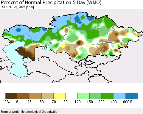 Kazakhstan Percent of Normal Precipitation 5-Day (WMO) Thematic Map For 10/21/2023 - 10/25/2023