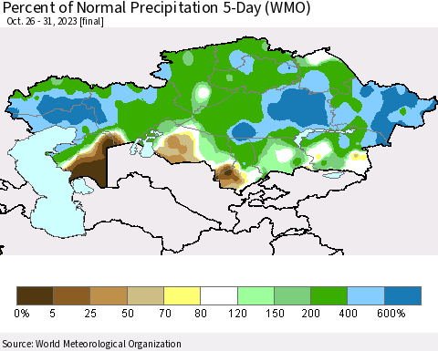 Kazakhstan Percent of Normal Precipitation 5-Day (WMO) Thematic Map For 10/26/2023 - 10/31/2023