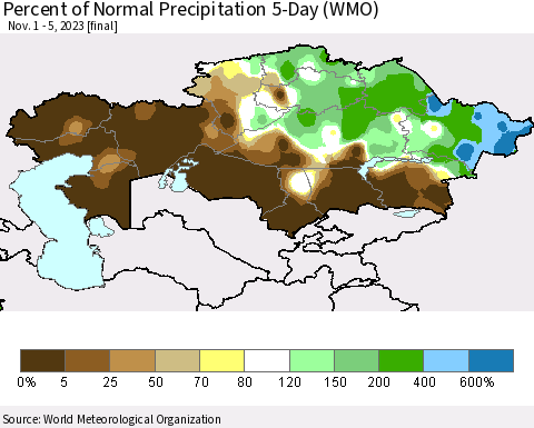 Kazakhstan Percent of Normal Precipitation 5-Day (WMO) Thematic Map For 11/1/2023 - 11/5/2023