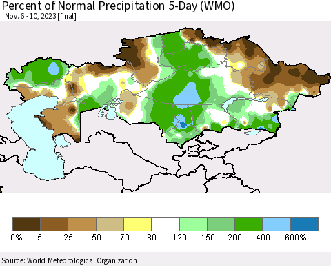 Kazakhstan Percent of Normal Precipitation 5-Day (WMO) Thematic Map For 11/6/2023 - 11/10/2023