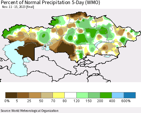 Kazakhstan Percent of Normal Precipitation 5-Day (WMO) Thematic Map For 11/11/2023 - 11/15/2023
