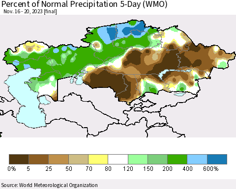 Kazakhstan Percent of Normal Precipitation 5-Day (WMO) Thematic Map For 11/16/2023 - 11/20/2023