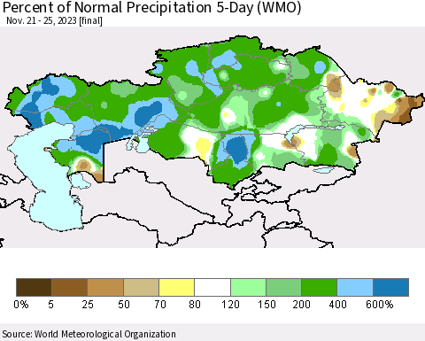 Kazakhstan Percent of Normal Precipitation 5-Day (WMO) Thematic Map For 11/21/2023 - 11/25/2023