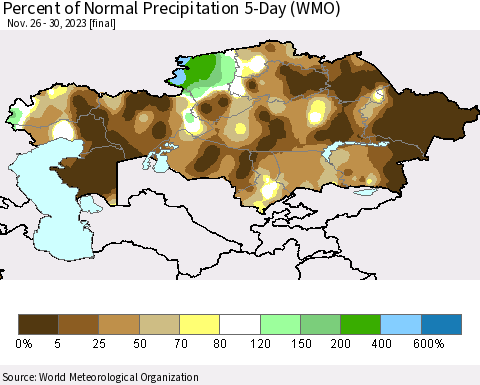 Kazakhstan Percent of Normal Precipitation 5-Day (WMO) Thematic Map For 11/26/2023 - 11/30/2023