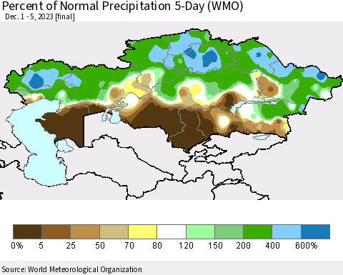 Kazakhstan Percent of Normal Precipitation 5-Day (WMO) Thematic Map For 12/1/2023 - 12/5/2023