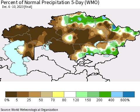 Kazakhstan Percent of Normal Precipitation 5-Day (WMO) Thematic Map For 12/6/2023 - 12/10/2023