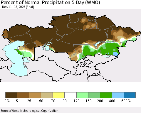 Kazakhstan Percent of Normal Precipitation 5-Day (WMO) Thematic Map For 12/11/2023 - 12/15/2023