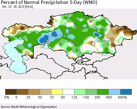 Kazakhstan Percent of Normal Precipitation 5-Day (WMO) Thematic Map For 12/16/2023 - 12/20/2023