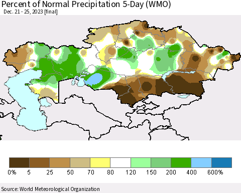 Kazakhstan Percent of Normal Precipitation 5-Day (WMO) Thematic Map For 12/21/2023 - 12/25/2023